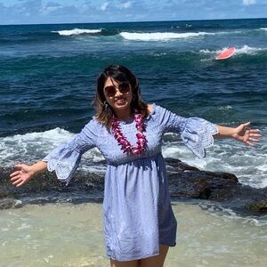 Elegant Blue and White Off-Shoulder Dress